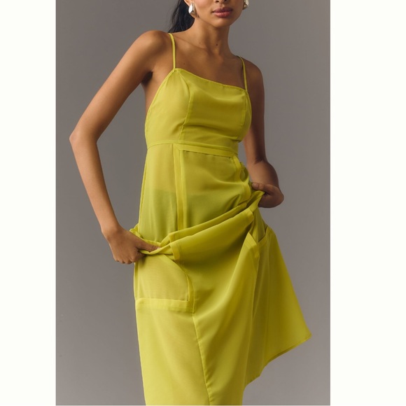 ANTHROPOLOGIE Super Cute Chartreuse NWT 
SHEER PANELED MIDI DRESS - Picture 7 of 8